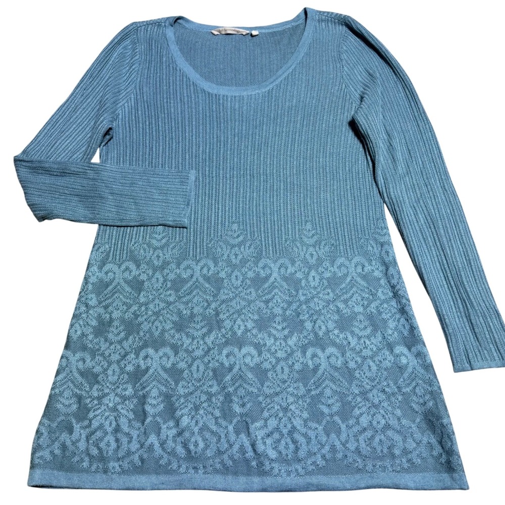 Soft Surroundings Women M Long Sleeve Sweater Knit Damask Lightweight Blue Aida